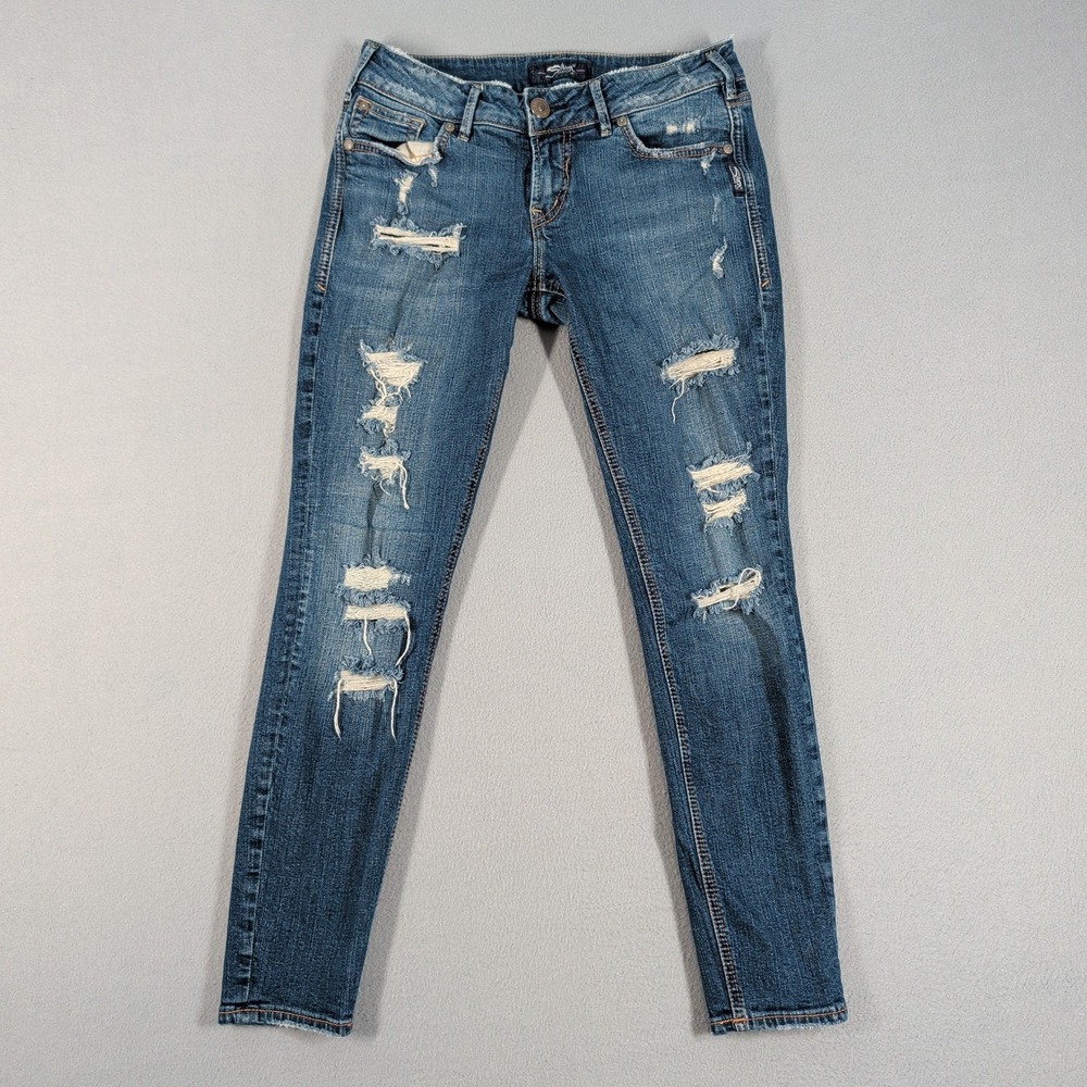 Silver Jeans Womens 28 Blue Suki Skinny Distressed Ripped Denim Pants